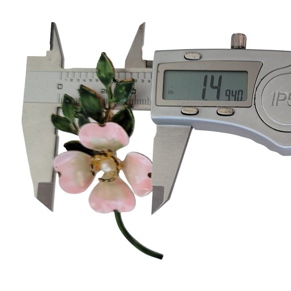 Original By Robert Pink Green Enamel Faux Pearl Dogwood Flower Stem Brooch E239 - Picture 10 of 11